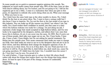 Gigi Hadid's Instagram post on body positivity
